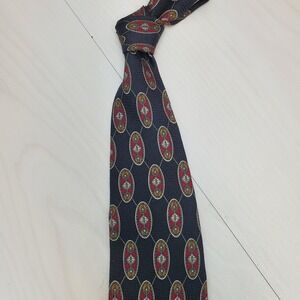 Mark Alexander Mens Silk Tie Navy Blue Red Gold Geometric Medallion Made in USA